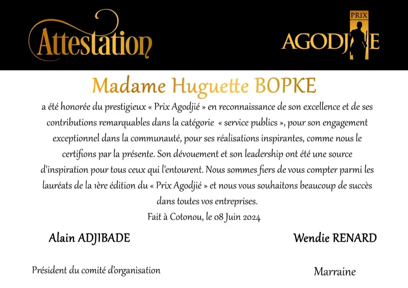 Attestation du Prix Agodjié sur fond blanc, avec le logo en or