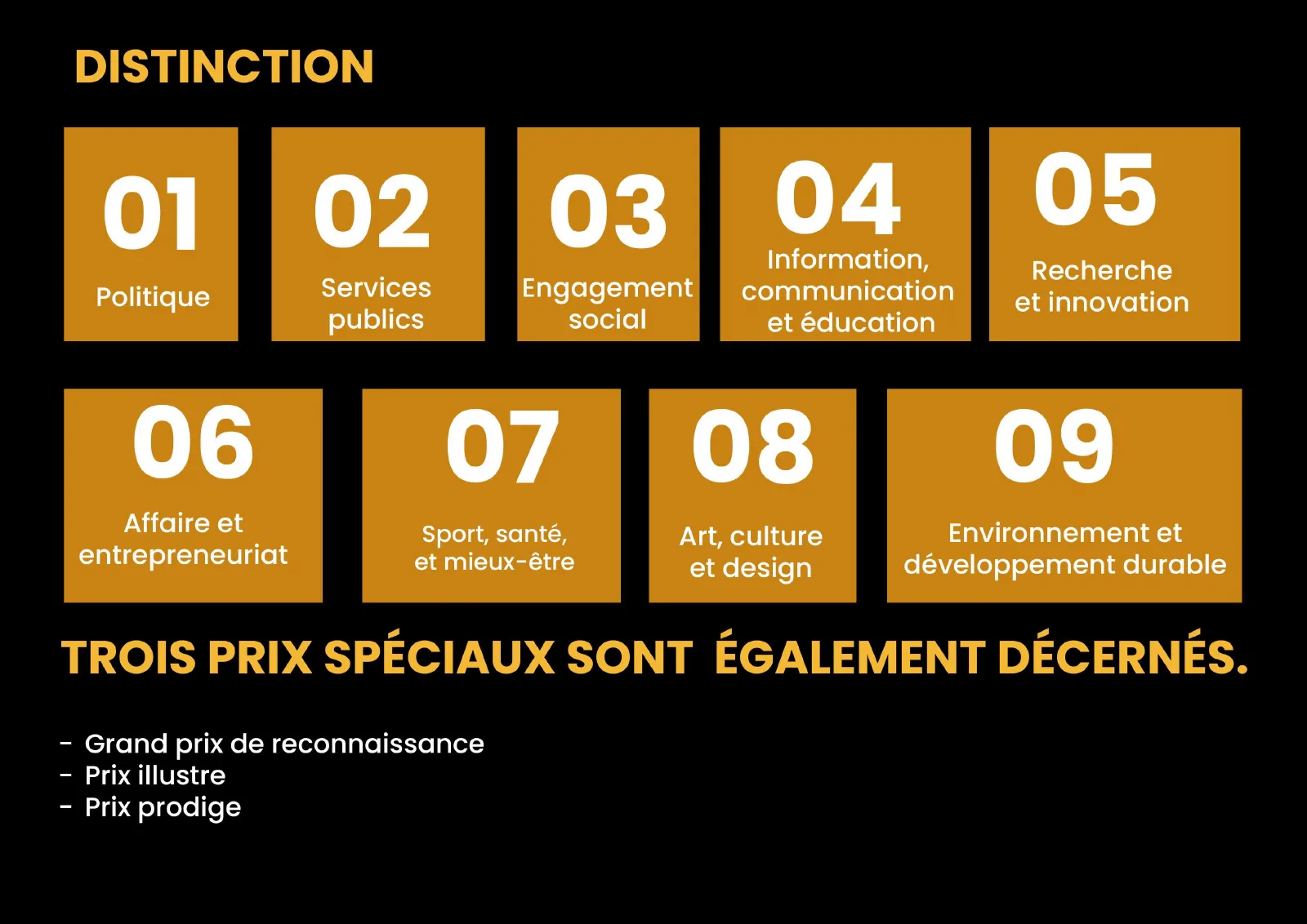 Les catégories de distinction présentées en tuiles numérotées