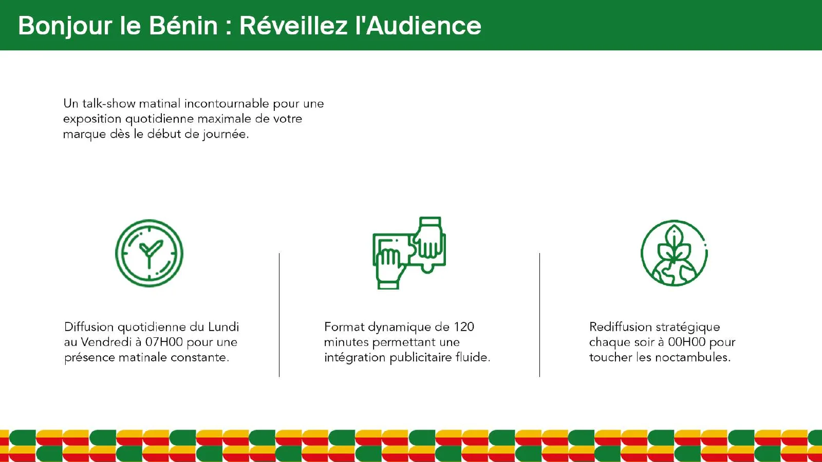 Page de détail du programme Bonjour le Bénin, avec trois pictogrammes