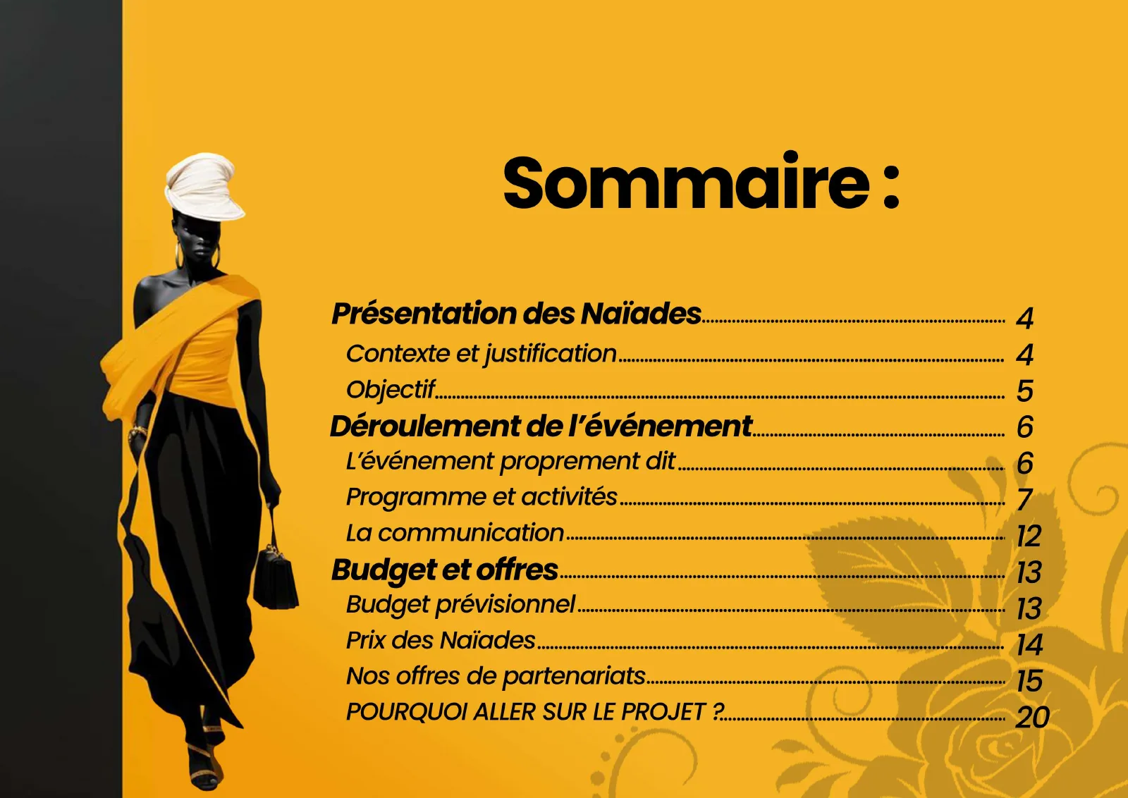 Sommaire illustré du dossier Miss Naïades, sur fond jaune