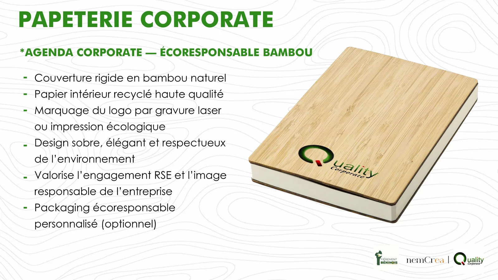 Page du catalogue présentant un agenda en bambou