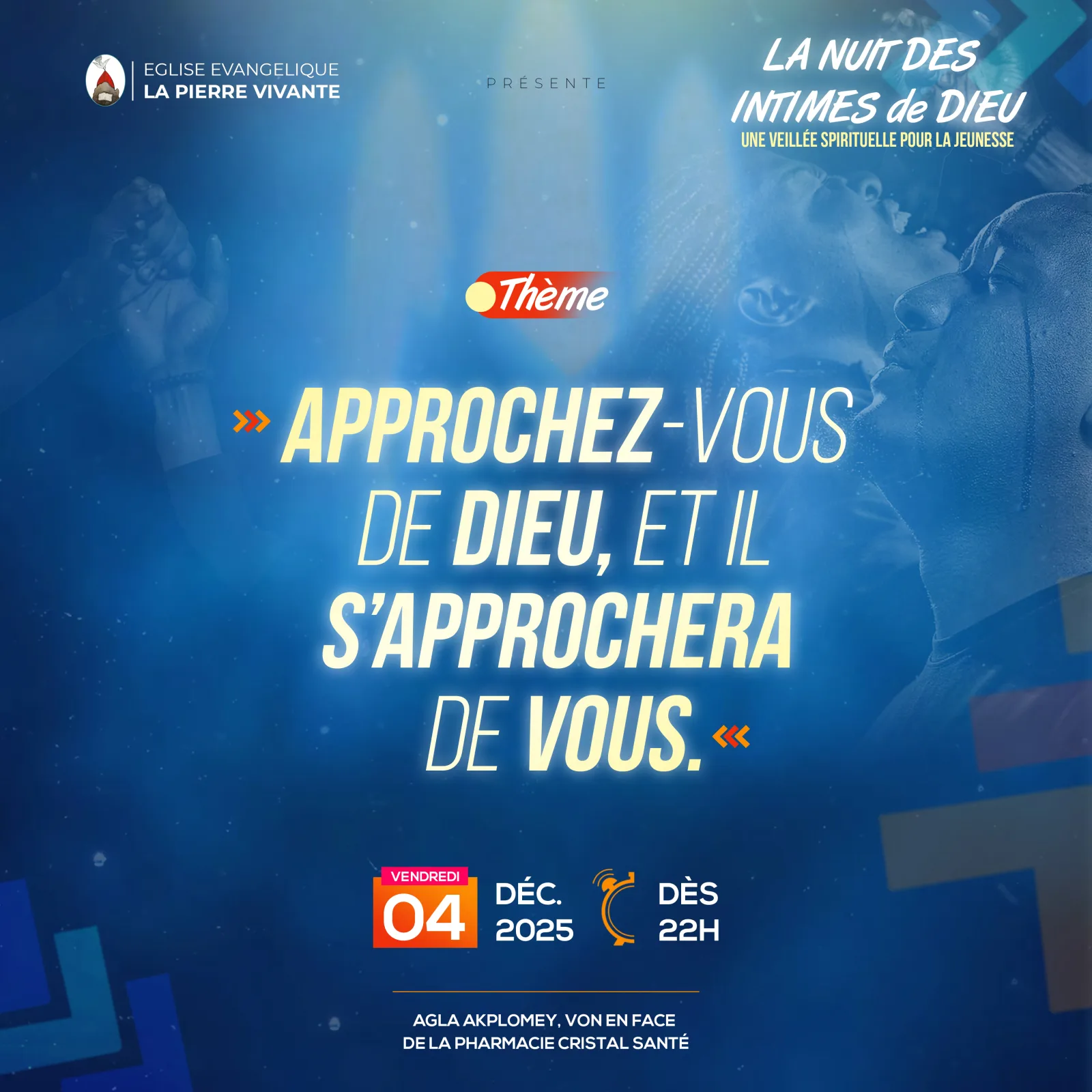 Affiche d'une veillée de jeunesse, en lettres jaunes sur fond bleu