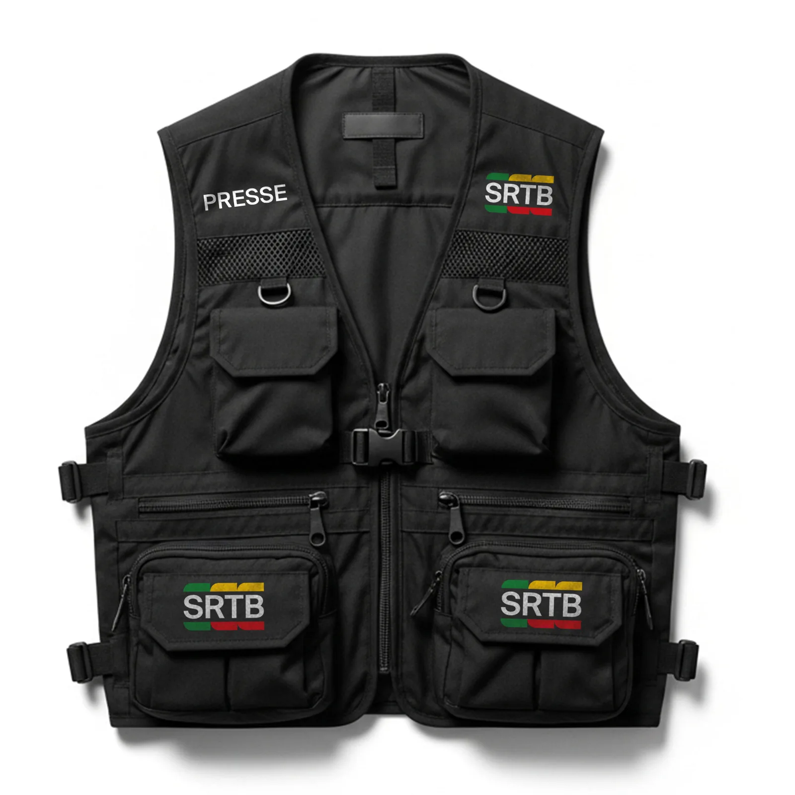 Gilet de presse noir de la SRTB, vu de face