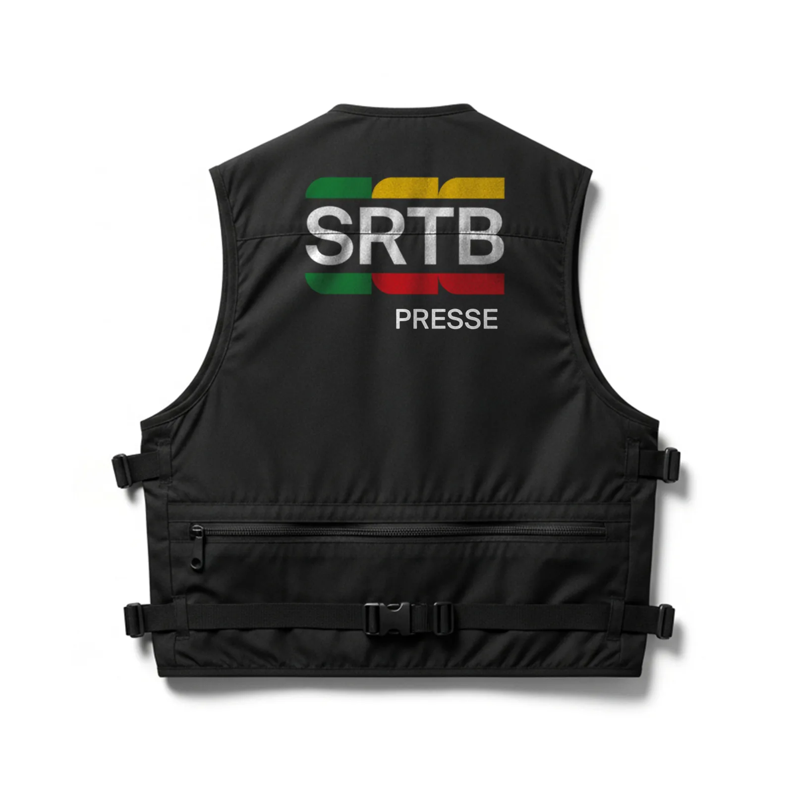 Gilet de presse noir de la SRTB, vu de dos