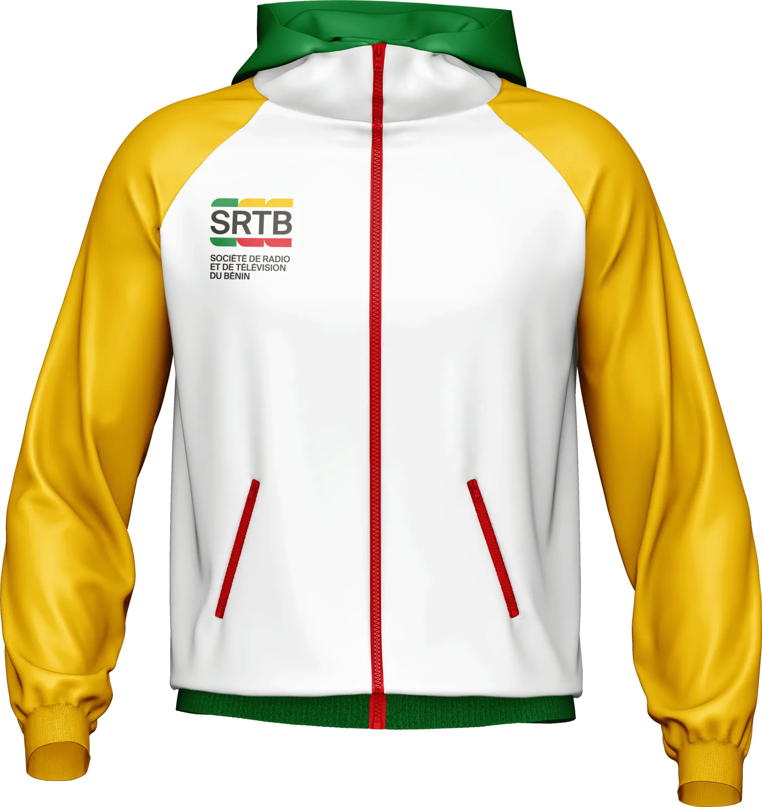 Veste à capuche jaune et blanche au logo de la SRTB