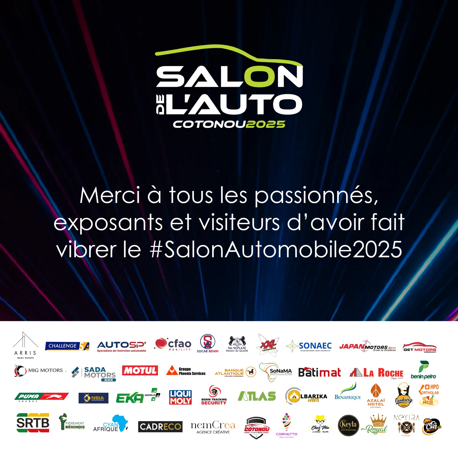Message de remerciement publié après le salon, avec les logos des partenaires
